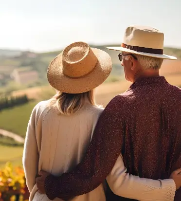 Couple in front of a Burgundy landscape